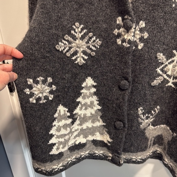 Woolrich Wool Cardigan Winter Snowflakes Deer Charcoal Gray White Large - Picture 3 of 15